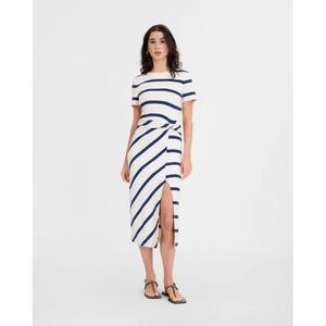 Tanya Taylor Womens Shrt Slve Cody Striped Midi Dress Navy White Size L Nautical